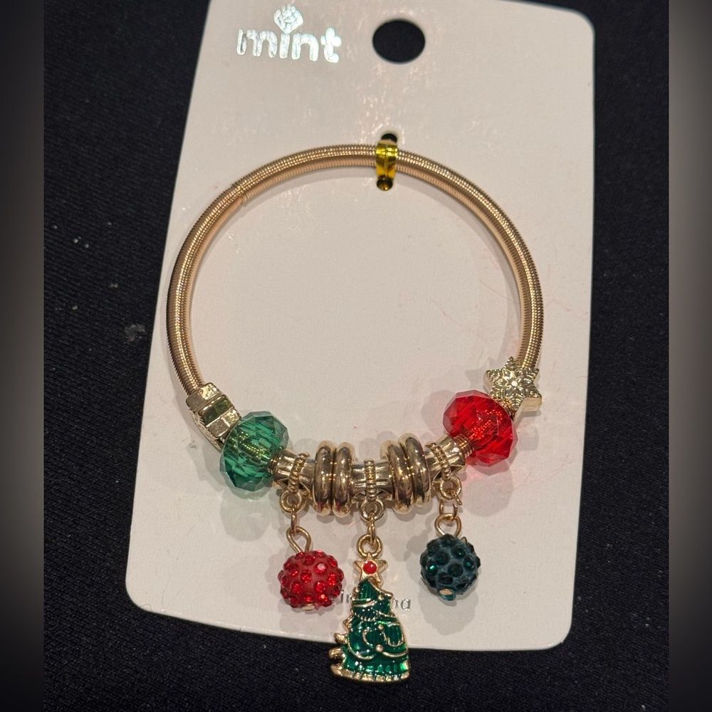 Mint Festive Stretch Christmas tree Charm Bracelet with Red and Green Accents